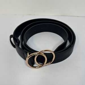 Black Faux Leather Belt Gold Tone Double O Ring Buckle Adjustable Medium